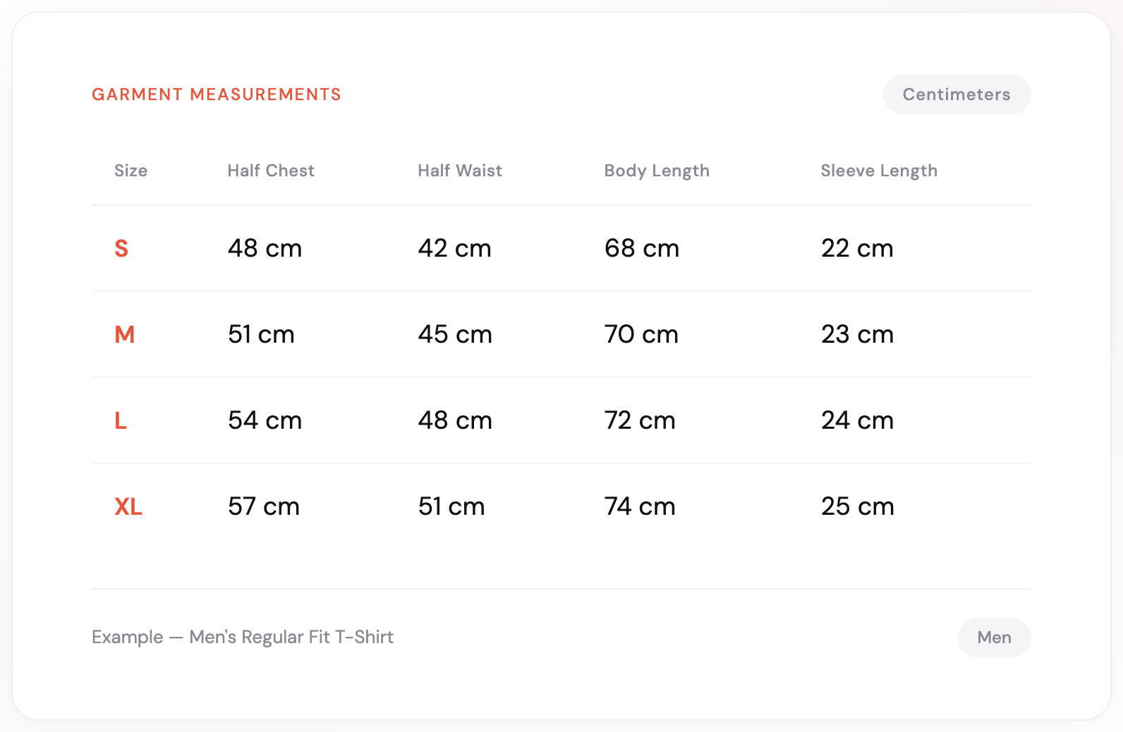 Example garment measurement size chart — Men’s Regular Fit T-Shirt