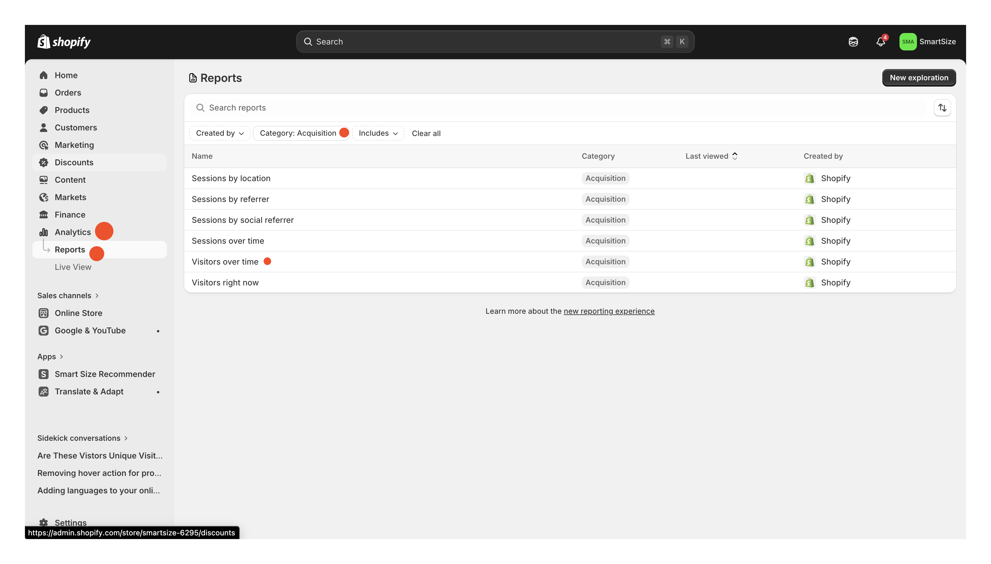 Shopify Reports — filter by Acquisition category and select “Visitors over time”