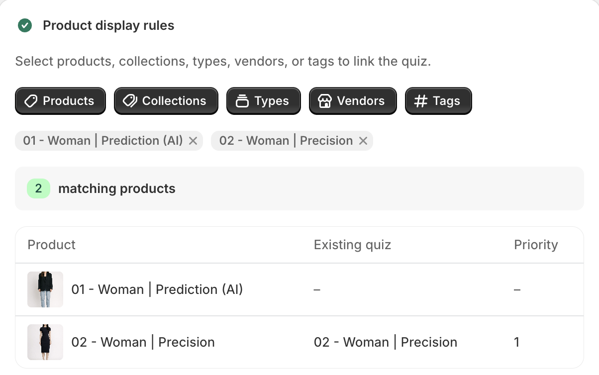SmartSize product display rules — assign a size chart to products, collections, types, vendors, or tags, with a live matching-products count