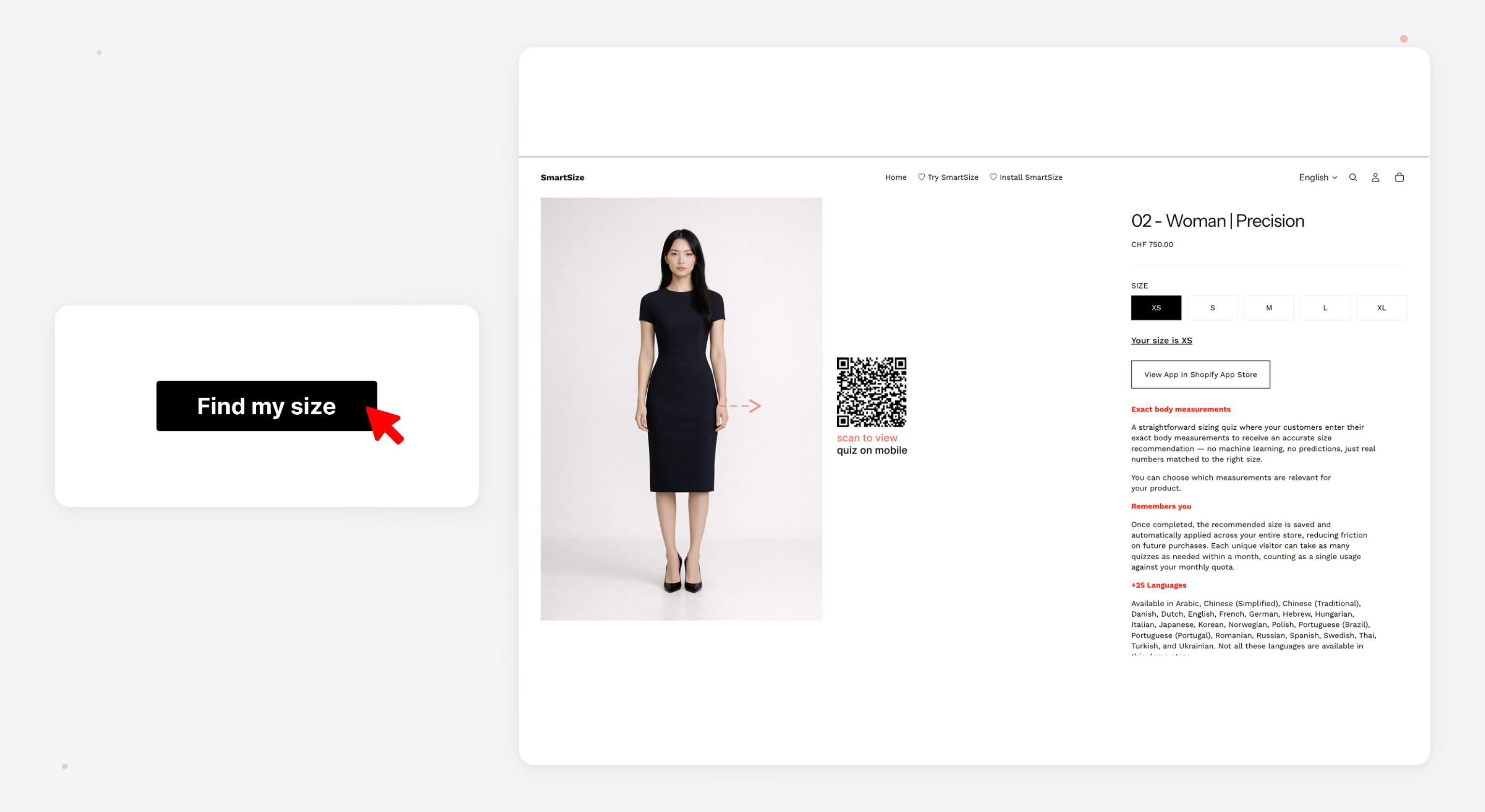SmartSize size recommender — “Find My Size” button on a Shopify product page