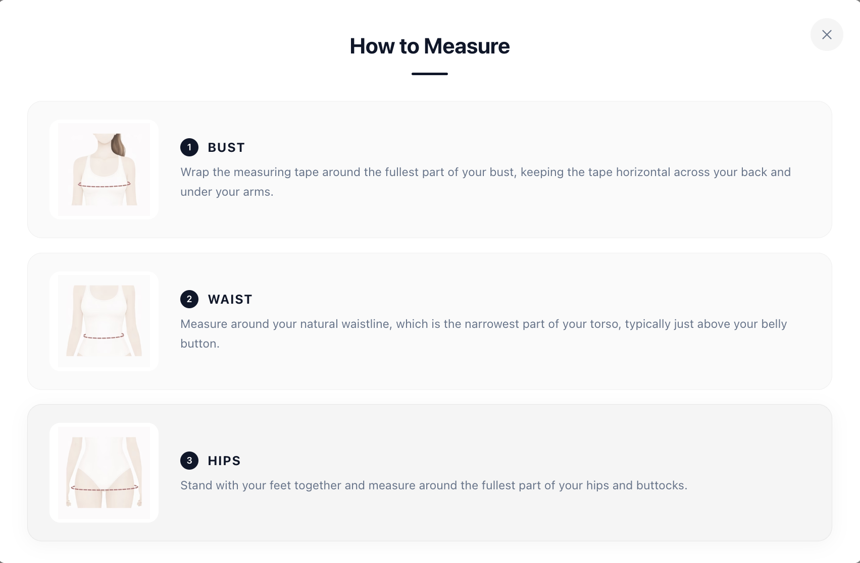 How to Measure guide - illustrated instructions for bust, waist, and hips