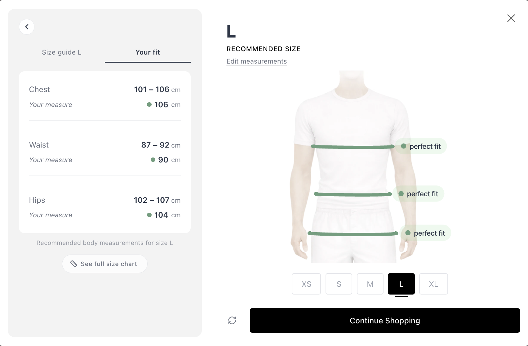 SmartSize fit finder — mannequin viewer showing how the recommended size fits the shopper’s body