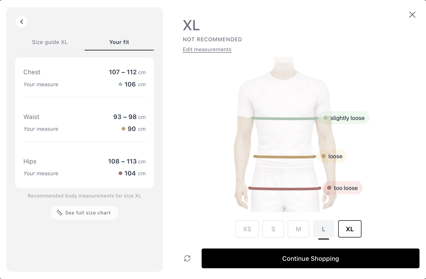 SmartSize size explorer carousel — swipe through sizes and see fit update in real time