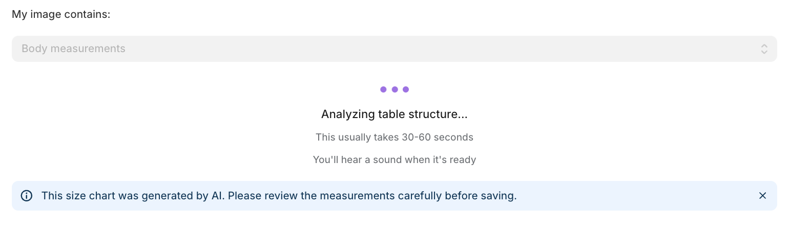AI size chart extraction - upload an image and the AI structures the data