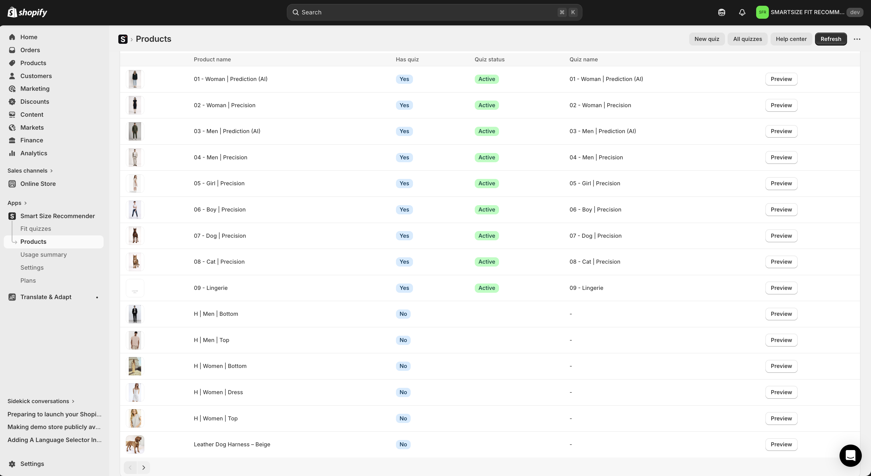 Product coverage view - see which products have a quiz and which still need one