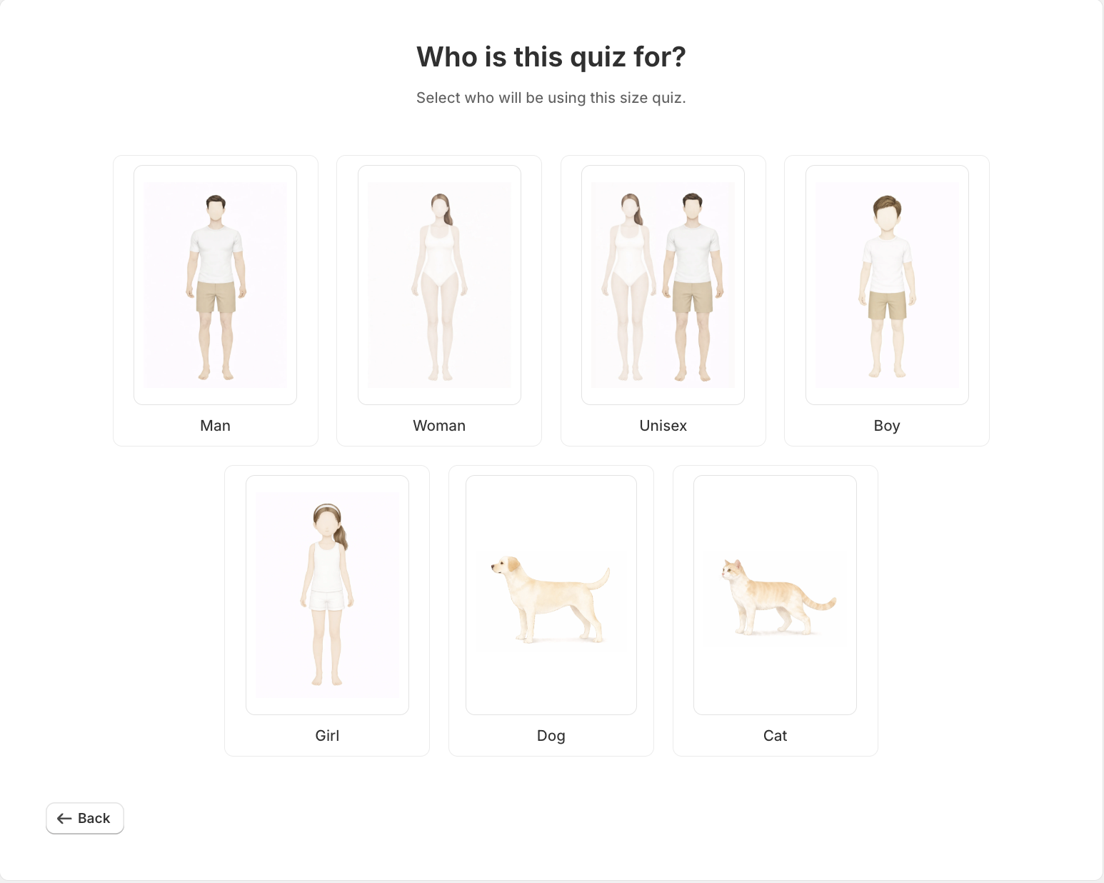 SmartSize quiz category selection — “Who is this quiz for?” screen showing Man, Woman, Unisex, Boy, Girl, Dog, and Cat options with illustrated cards