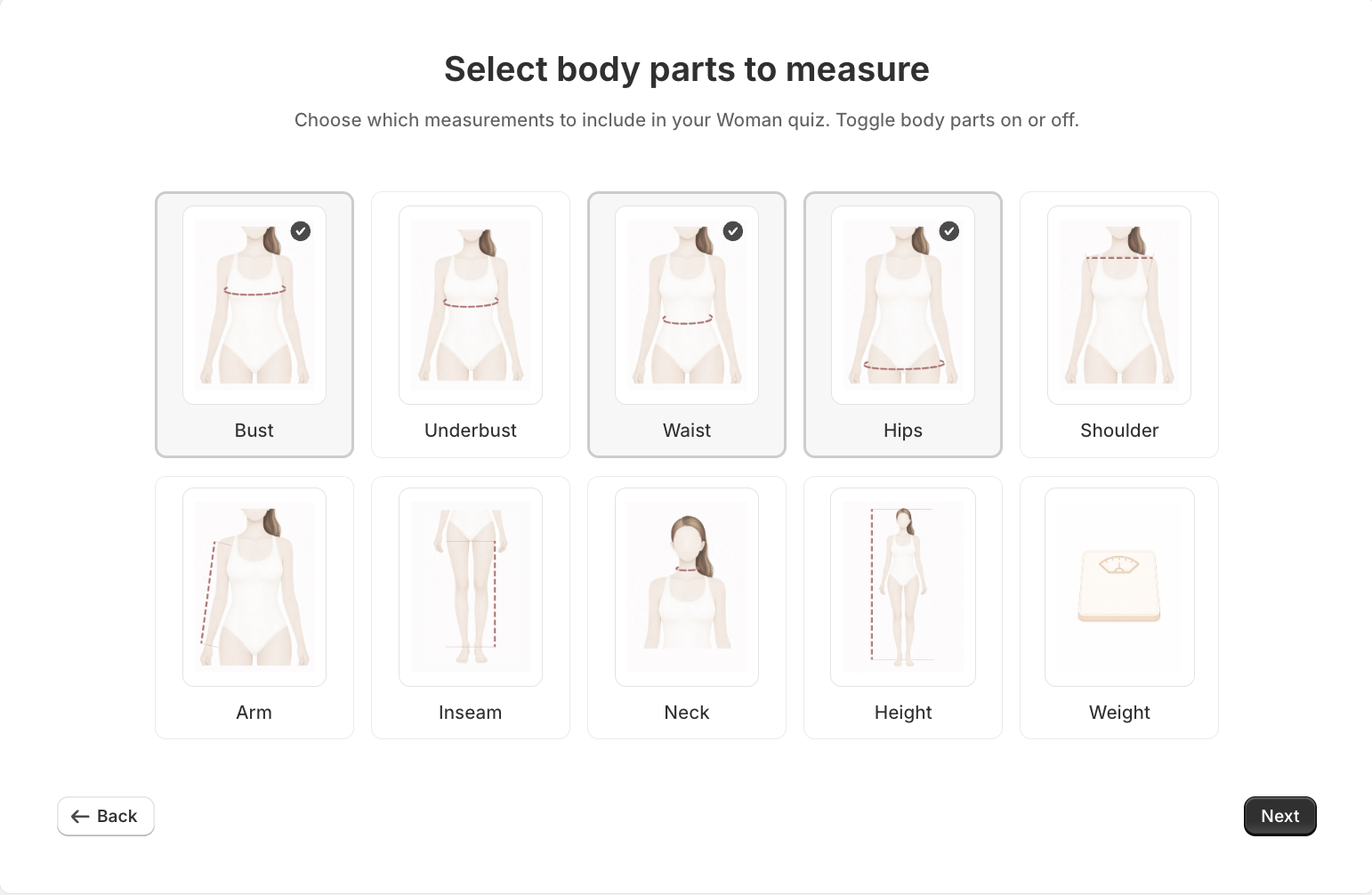 SmartSize measurement selection — “Select body parts to measure” screen for women showing illustrated cards for Bust, Underbust, Waist, Hips, Shoulder, Arm, Inseam, Neck, Height, and Weight