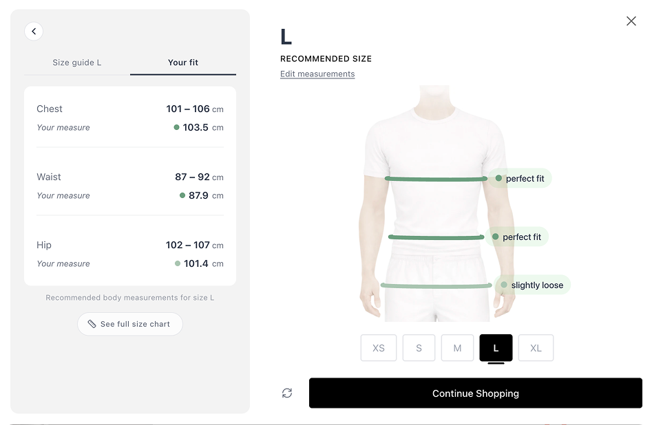 SmartSize fit quiz — detailed body measurement breakdown