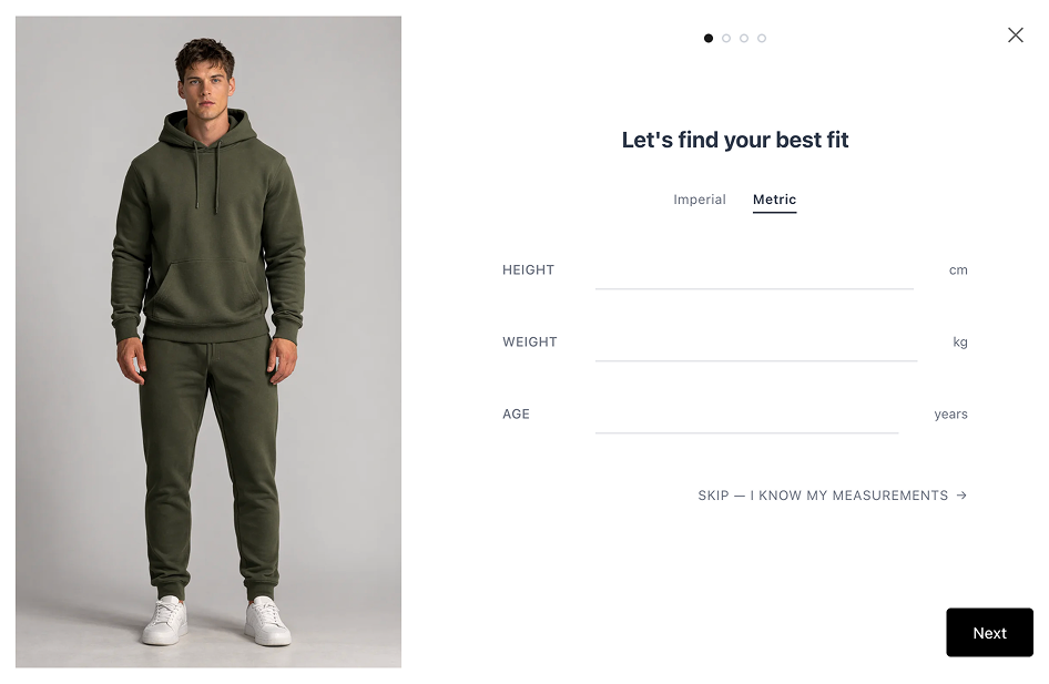 SmartSize fit quiz — first step: enter height, weight and age