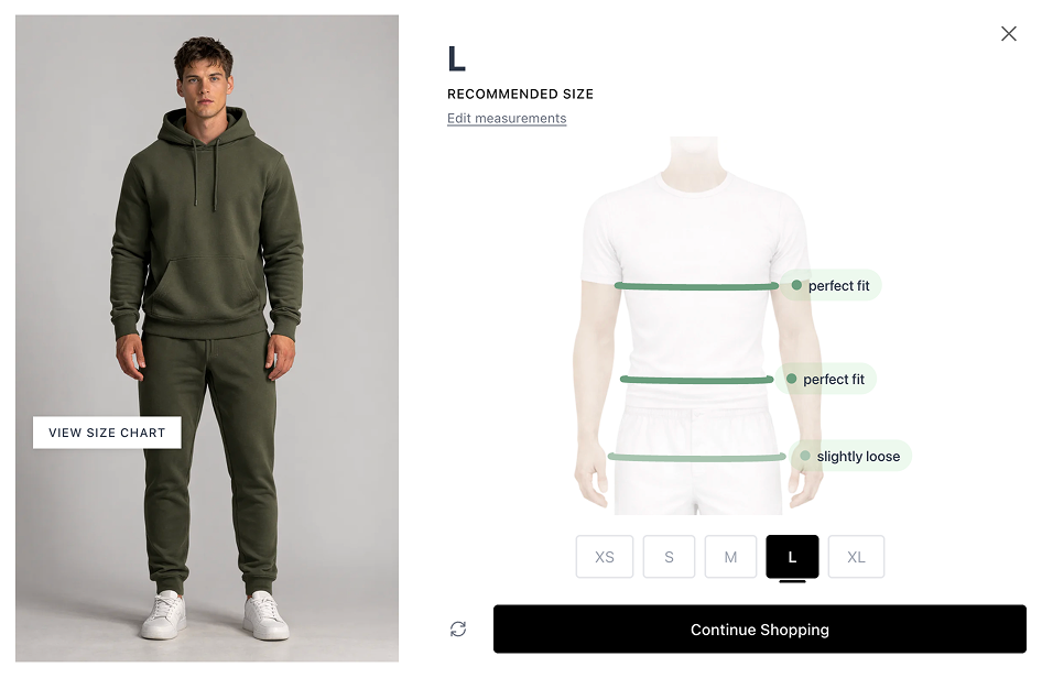 SmartSize fit quiz — size recommendation result