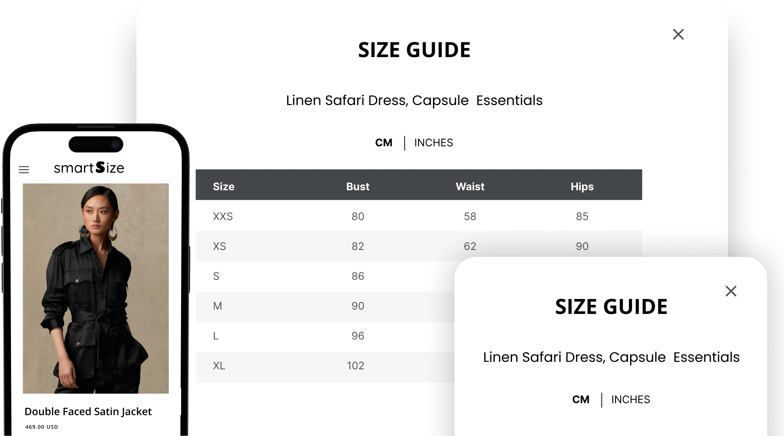SmartSize size chart shown as a Size Guide popup next to a product on mobile