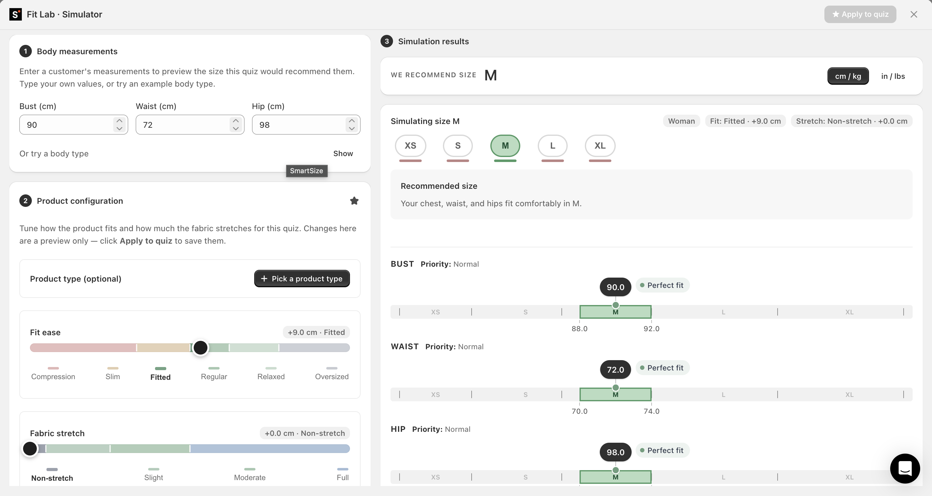 Simulador Fit Lab de SmartSize con medidas corporales, controles de configuración del producto y barras de ajuste de la recomendación de talla.