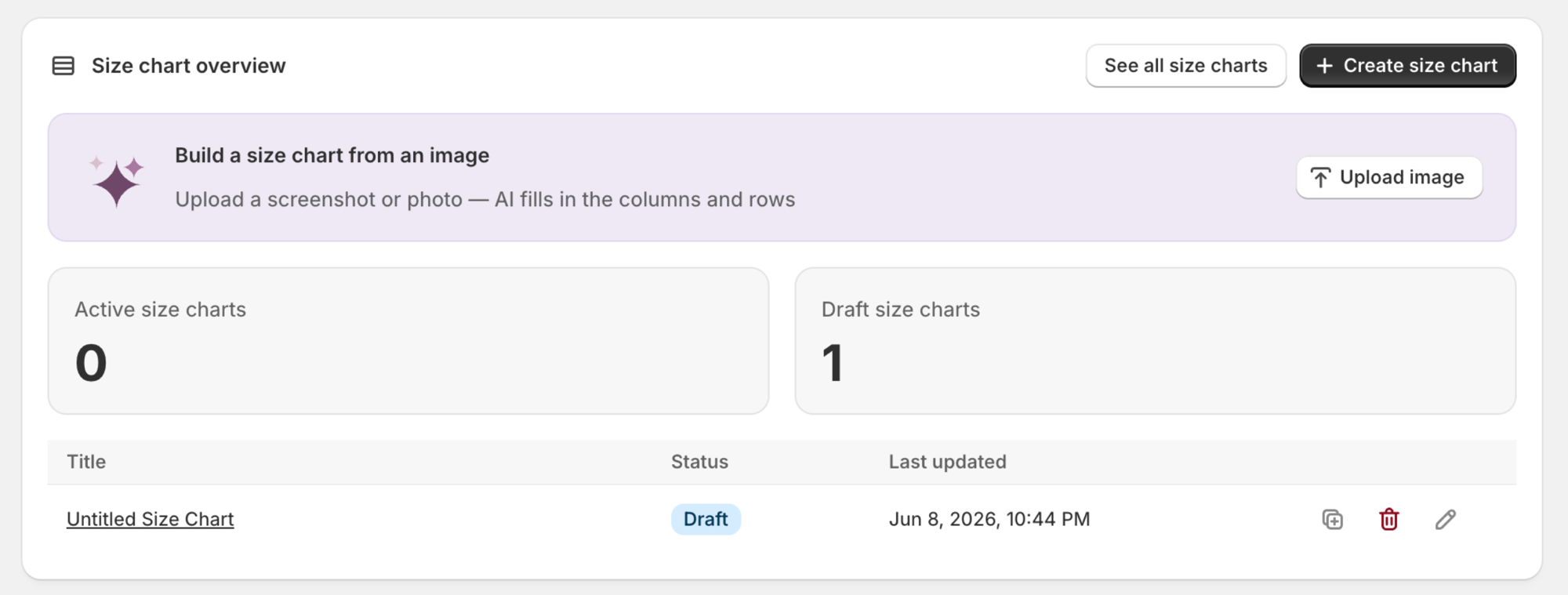 SmartSize size chart overview with the Build a size chart from an image panel and Upload image button