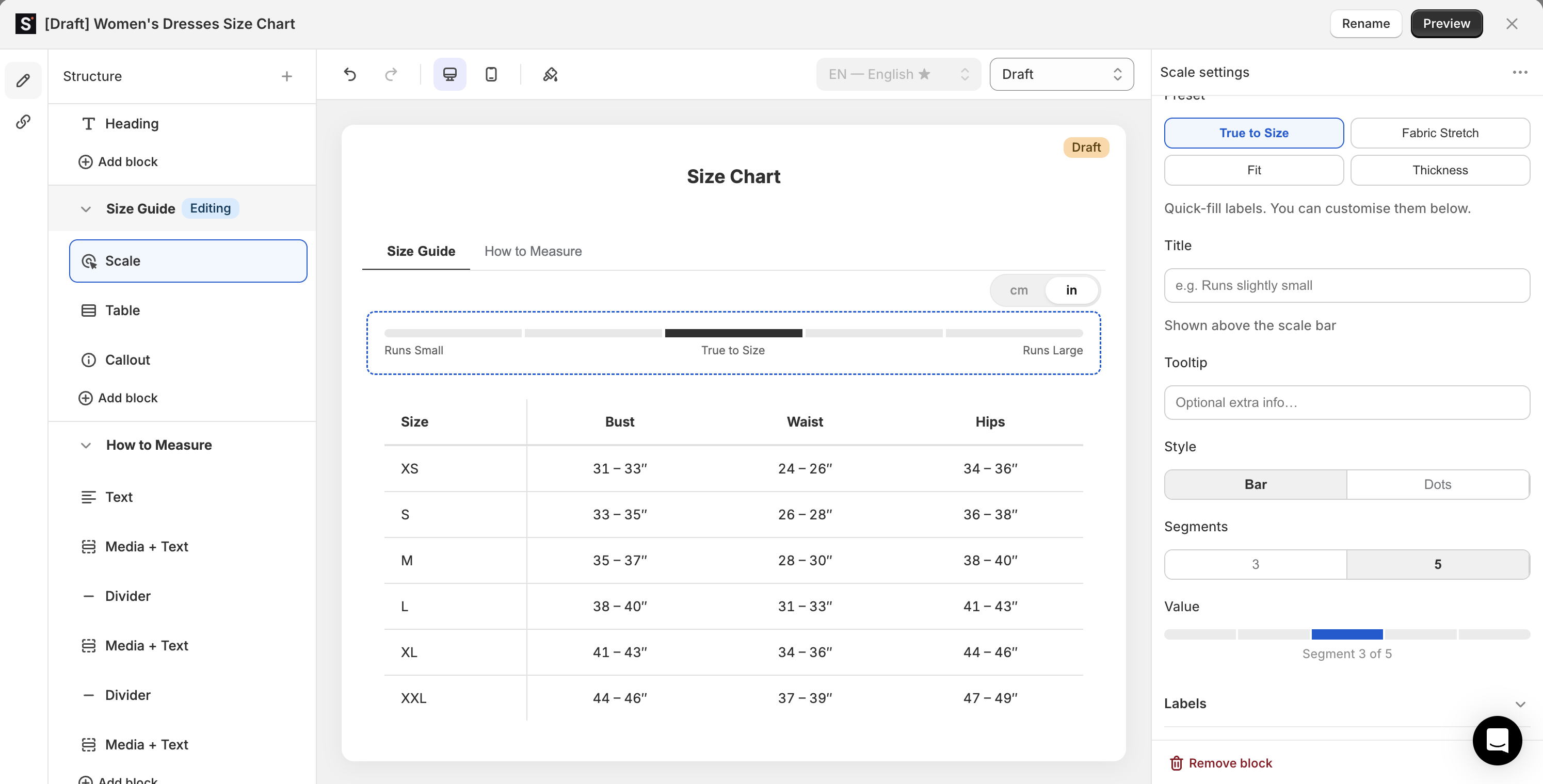 SmartSize modular size chart builder showing the Structure panel of draggable blocks, a live chart preview, and a per-block settings panel — modeled on the Shopify theme editor